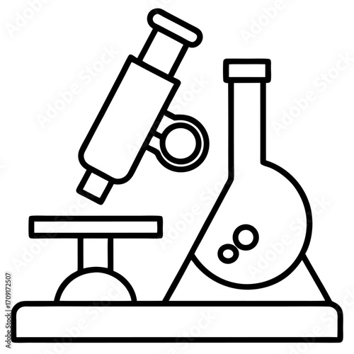Microscope and Erlenmeyer Flask Illustration in Black and White Depicting Scientific Research and Laboratory Work