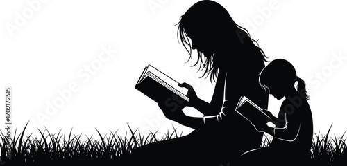 Silhouette of mother reading book with daughter, sitting on grass, family bonding, education, learning, study, knowledge, literacy, outdoor reading