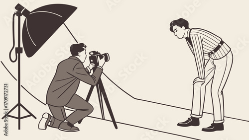 Studio Photography Session Photographer and Model Fashion Shoot Vintage Style Illustration.