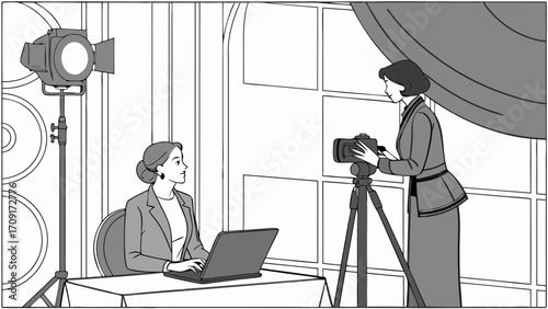 Studio Photography Session Woman with Laptop Photographer with Camera on Tripod Black and White Illustration.