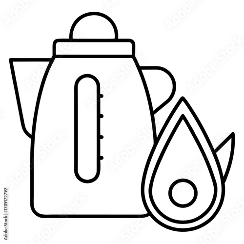 Electric kettle with a water level window boiling next to a flame icon illustration