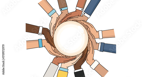 Diverse team joins hands around bright orb symbolizing unity collaboration and shared future vision for global success, Generative AI.