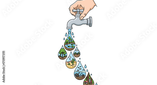 Hand turning faucet to conserve precious water ecosystems showcasing diverse environmental habitats within falling droplets, Generative AI.