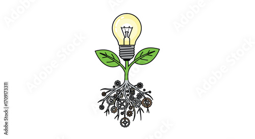 Innovative idea sprouts from mechanical roots symbolizing growth in technology and business solutions, Generative AI.