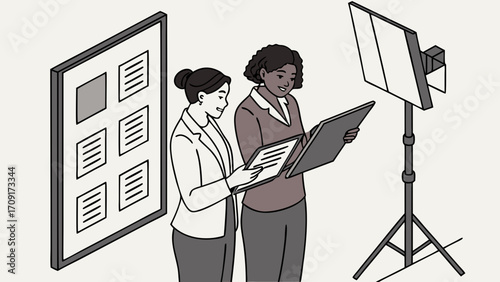 Two businesswomen reviewing documents and presentation near a studio light and presentation board.