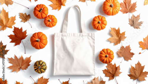 Minimalist flat lay tote bag mockup surrounded by pumpkins and dried autumn leaves
