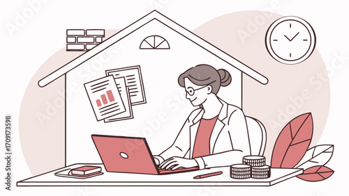 Working from home woman using laptop financial documents home office online work remote job business finances accounting charts graphs data analysis productivity efficiency success.