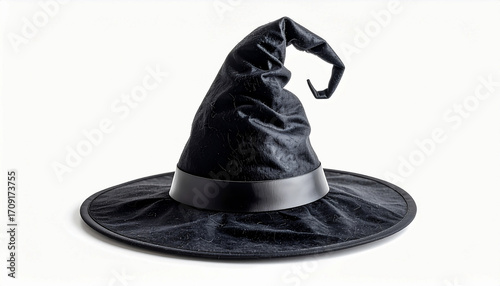 Classic black witch hat with a wide brim, isolated on a clean white background for Halloween costume