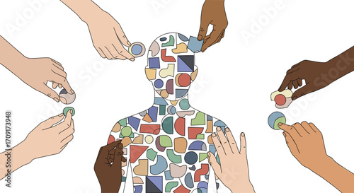 Diverse hands collaboratively assemble a colorful puzzle forming a human silhouette symbolizing unity and shared understanding, Generative AI.