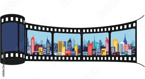 Dynamic city skyline unfolds through a vintage film reel capturing urban adventures and modern architectural marvels in vibrant color, Generative AI.