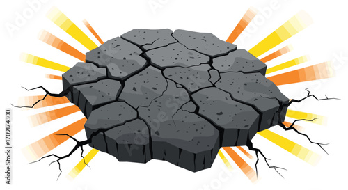 Dramatic cracked earth exploding with vibrant energy bursts symbolizing power disruption and transformation for impactful designs, Generative AI.