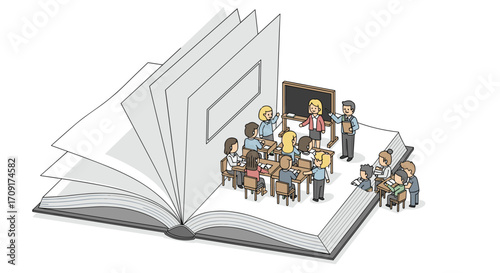 Inspiring classroom scene unfolds from an open book signifying the power of education and knowledge for eager students and dedicated teachers, Generative AI.