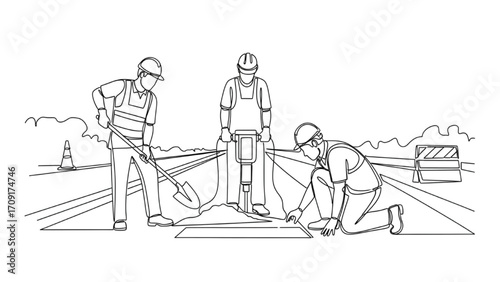 Continuous Line Construction Workers Illustration – Three Men Road Work Black Line Art Vector