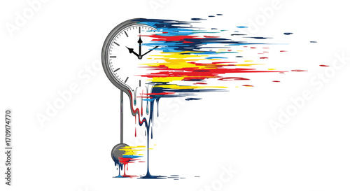 Dynamic pendulum clock dissolving into vibrant paint strokes representing the fluid passage of time and creative energy, Generative AI.