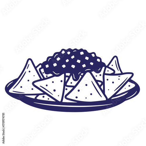 Delicious plate of nachos with salsa dip illustration in a modern minimalist style