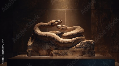 A fossilized two-headed serpent emerging dramatically from stone under museum lighting, evoking ancient mysteries.