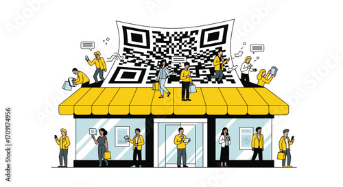 Modern shoppers engage with giant QR code above vibrant store embracing digital retail and seamless transactions for a connected experience, Generative AI.