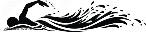 Swimmer silhouette in water waves, abstract swimming illustration, freestyle stroke design, sports vector art, aquatic fitness, competition training, dynamic splash