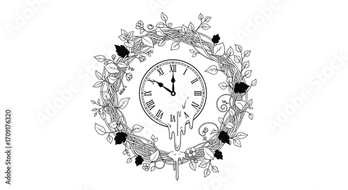 Surreal melting clock artfully framed by intricate vines and leaves evoking fantasy and the passage of time, Generative AI.