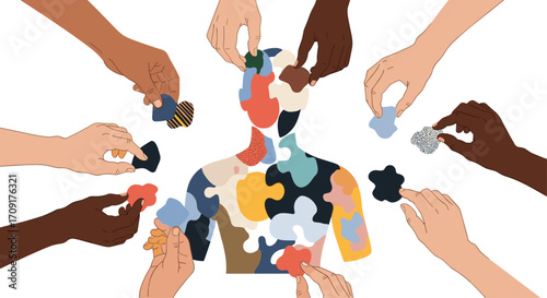 Diverse hands collaboratively assemble a vibrant multi-colored human puzzle symbolizing unity and shared creation, Generative AI.