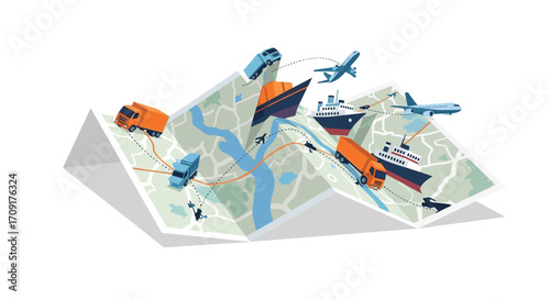 Dynamic global logistics network illustrated with diverse transport modes navigating a stylized map symbolizing seamless travel and delivery, Generative AI.