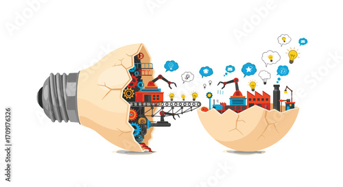 Innovative light bulb factory mechanism producing bright ideas and new concepts a dynamic explosion of creativity and industrial process, Generative AI.