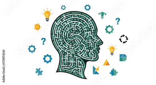 Unlocking complex challenges with innovative thinking represented by a maze inside a human head surrounded by ideas and solutions, Generative AI.