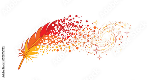 Vibrant feather transforms into a swirling galaxy of stars and particles symbolizing creativity and imagination taking flight, Generative AI.