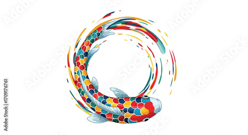 Vibrant colorful koi fish art gracefully swims in a dynamic swirling water splash motion perfect for Asian-inspired designs and branding, Generative AI.