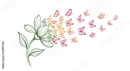 Elegant bloom bursts into a vibrant swarm of graceful butterflies symbolizing transformation and new beginnings in nature's art, Generative AI.