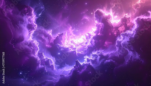 A vibrant and ethereal cosmic scene featuring swirling purple and pink nebulas and bright celestial lights.