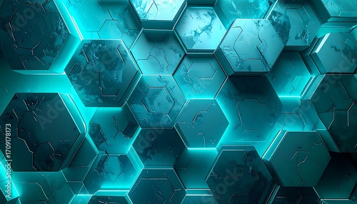 Abstract background featuring a geometric pattern of textured, dark hexagons illuminated with vibrant teal lighting, creating a futuristic and technological feel.