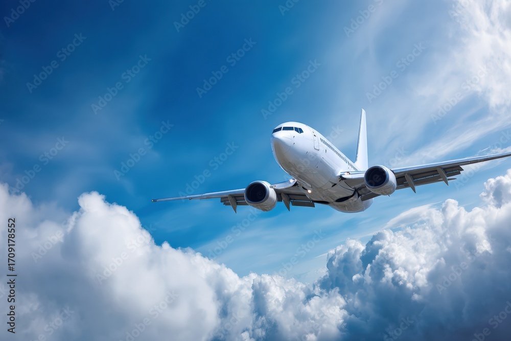 Obraz premium White passenger airplane soaring gracefully above the clouds on a stunning, sunny day, embodying the essence of modern travel and freedom