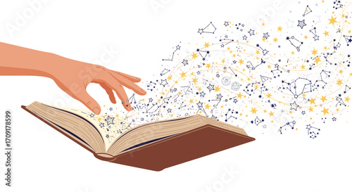 Unlock cosmic secrets and endless possibilities as constellations and stars erupt from an open book igniting imagination and wonder, Generative AI.