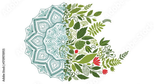 Elegant mandala design seamlessly blends into vibrant green foliage and delicate red flowers symbolizing natural harmony and organic growth, Generative AI.