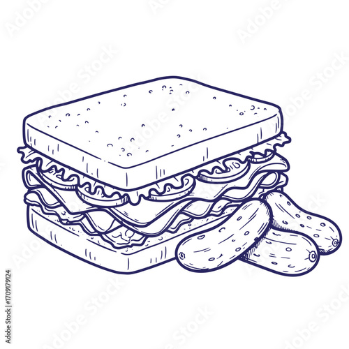 Hand drawn illustrated sandwich with pickles perfect for food related designs and menus