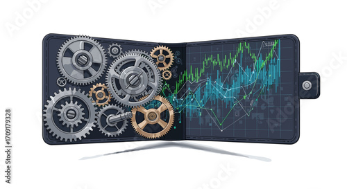 Unlock financial success with this dynamic wallet illustration featuring intricate gears and a thriving stock market graph symbolizing wealth creation and strategic investment growth, Generative AI.
