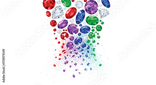 Sparkling rainbow gemstones cascade and scatter symbolizing wealth luxury and precious opportunities beautifully displayed on white, Generative AI.
