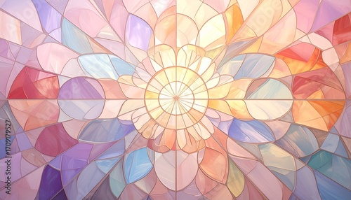 A pastel-colored stained glass window featuring a floral and geometric design, radiating light.