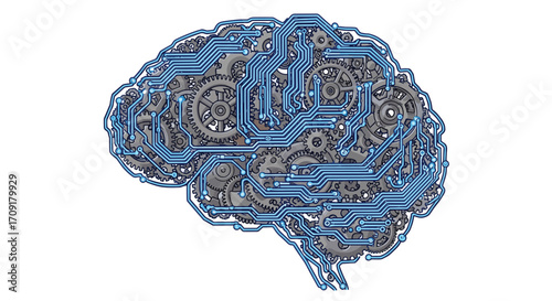 Intricate mechanical brain with glowing blue circuits symbolizes advanced artificial intelligence and complex cognitive processes, Generative AI.