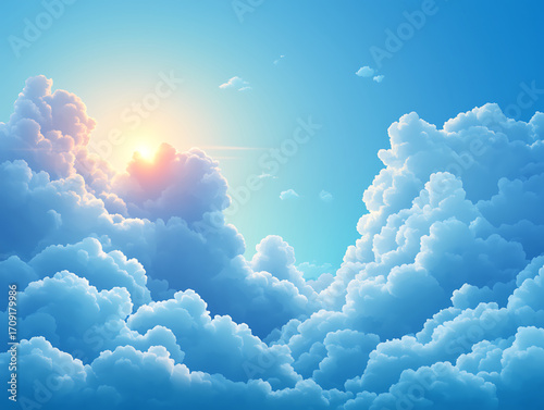 Vibrant Stylized Sky with Fluffy White/Light Blue Cumulus Clouds: Sunlight (Yellow/Orange Glow) from Top Left (Sunrise/Sunset)