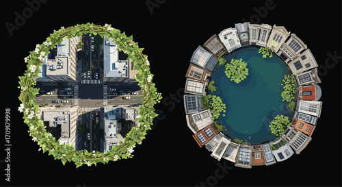 Vibrant urban greenery frames city streets contrasted with serene lakeside dwellings symbolizing balance and harmony, Generative AI.