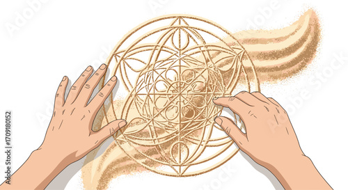 Enchanting hands drawing a complex magical symbol in sand evoking mystery and arcane power, Generative AI.
