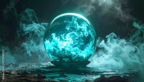 A glowing teal crystal ball sits on a textured surface surrounded by swirling, ethereal smoke against a dark, atmospheric background.