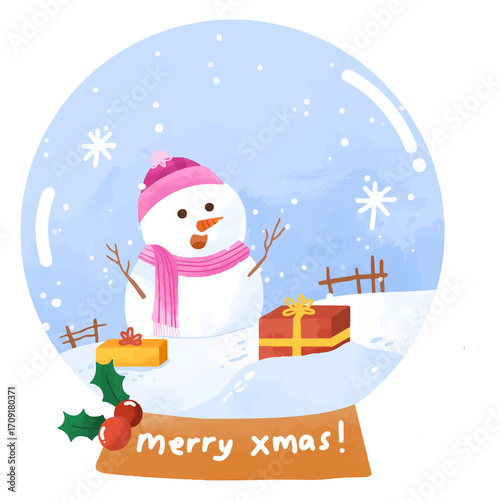Snowman in snow globe hand drawn