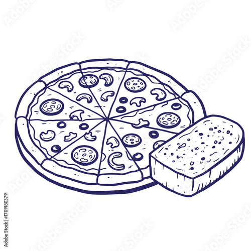 Hand drawn illustration of a delicious pizza topped with various ingredients and garlic bread
