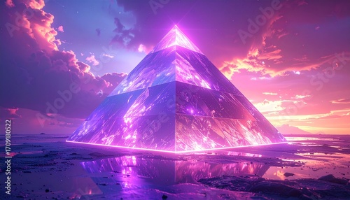 Glowing, futuristic pyramid reflecting in water under a vibrant, colorful sky.