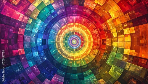 Abstract concentric circles and square patterns radiating outwards in a vibrant spectrum of rainbow colors, creating a mesmerizing visual effect.