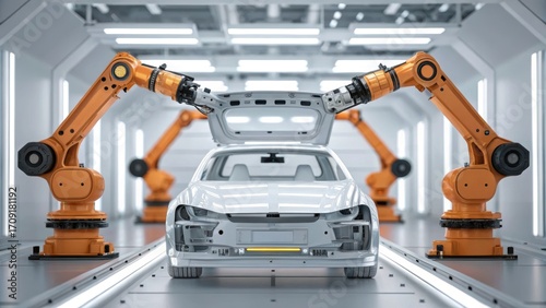 Robotic arms assembling a white car in a modern factory