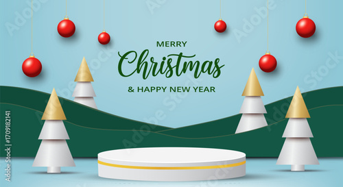 3D vector illustration of Merry Christmas & Happy New Year poster on blue background, decorated with white and gold circle stage, modern Christmas tree and red hanging balls for card, banner.